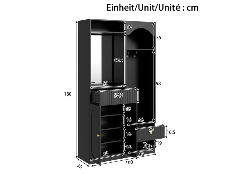  Vestiaire d'entrée avec miroir banc tiroirs et led en mdf noir 100x35x180 cm GL5889S - Conforama C