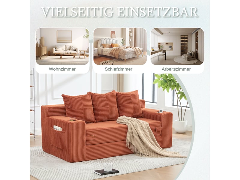  Canapé 2 places convertible en velours côtelé, porte-gobelets, poches latérales, modulaire sans montage  - Conforama E