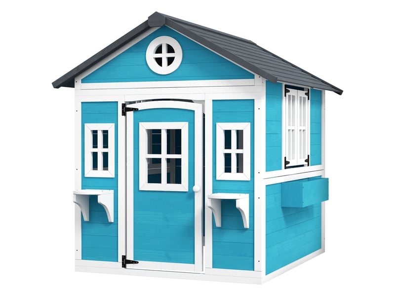  Cabane enfant extérieur maison enfant extérieure avec porte fenêtres et jardinières bleu 114 x 126,4 x 135 cm  - Conforama B