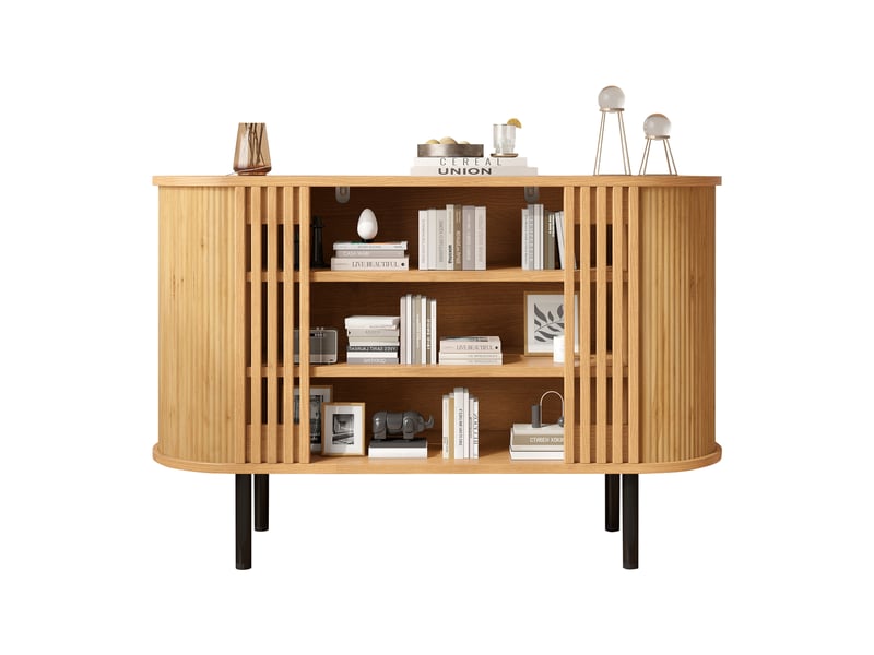  Buffet de rangement à 3 niches ouvertes sur pieds réglables - lpospi - lattes verticales mdf naturel 120 × 40 × 80 cm  - Conforama A