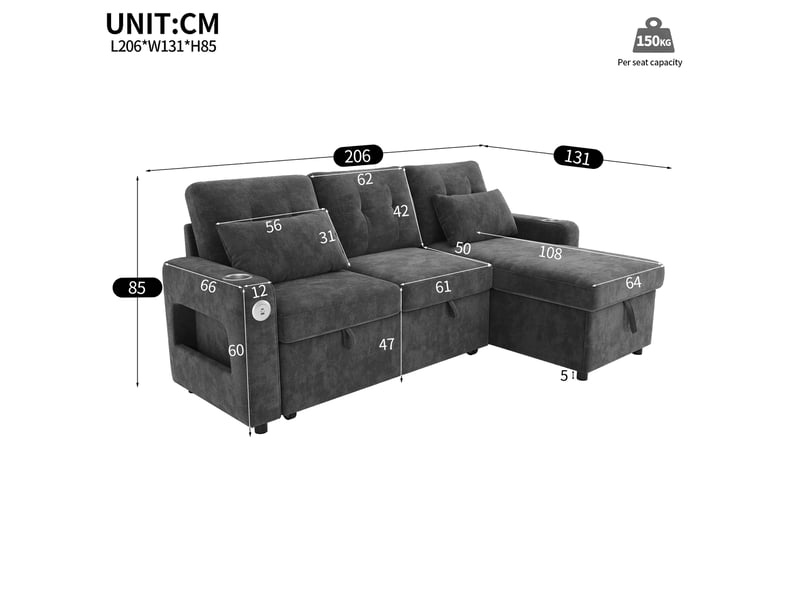 Canapé d’angle convertible en u 206 x 131 x 85 cm 3 places, double méridienne, coffre, porte-gobelets, led, usb, rangement accoudoirs, gris Bliss Lite - Conforama C