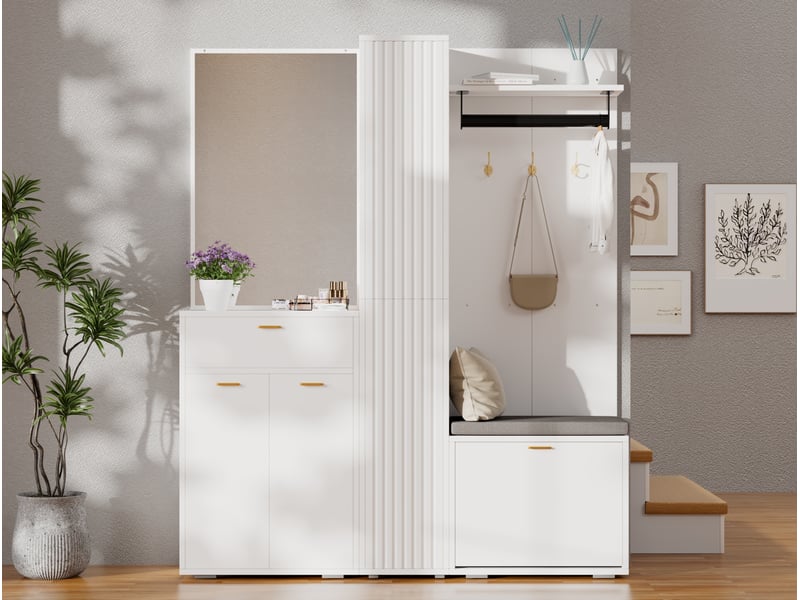  Meubles d'entrée avec miroir, penderie, 3 portes, tiroir, meuble à chaussures et banc blanc 150 × 36 × 180 cm  - Conforama B
