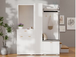 Meubles d'entrée avec miroir, penderie, 3 portes, tiroir, meuble à chaussures et banc blanc 150 × 36 × 180 cm