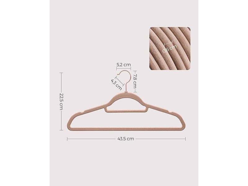  Cintre en velours, lot de 50, antiglisse, barre à cravate, crochet pivotant 360°, épaisseur 0,6 cm, longueur 43,5 cm, pour manteau, robe, pantalon, marron clair et rose gold  - Conforama C