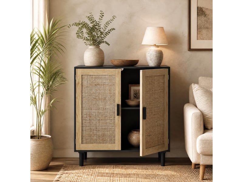 Meuble de rangement en rotin avec 2 portes magnétiques et 2 niches ouvertes pour salon noir 80 × 40 × 88 cm - Conforama D