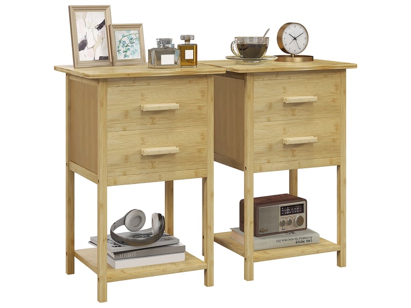  Lot de 2 tables de chevet table de nuit en bambou avec 2 tiroirs et 1 étagère 40 x 34 x 60 cm naturel  - Conforama A