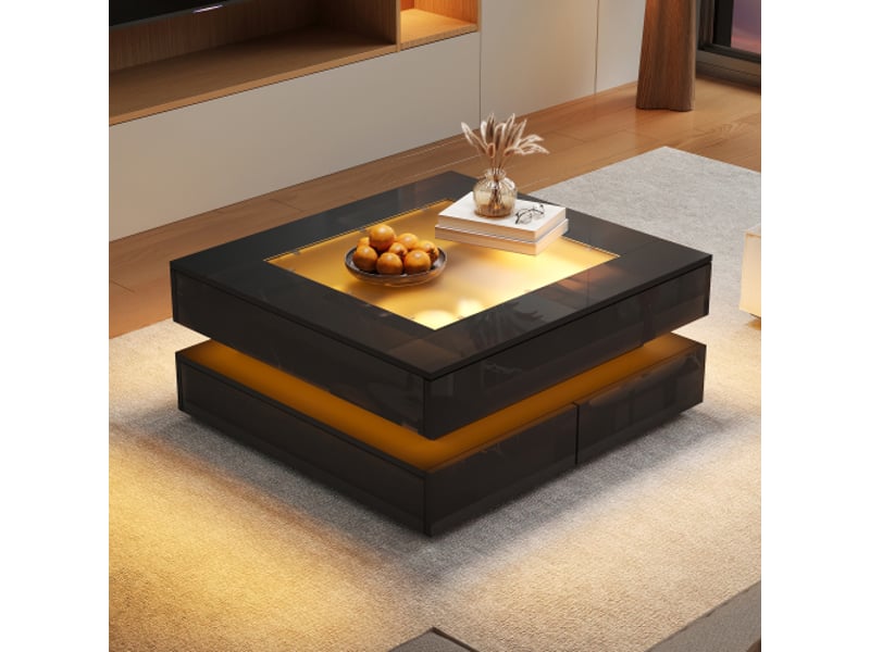  Table basse géométrique led - plateau verre, 3 tiroirs, noir, 70x70x35 cm, idéal petit espace  - Conforama B