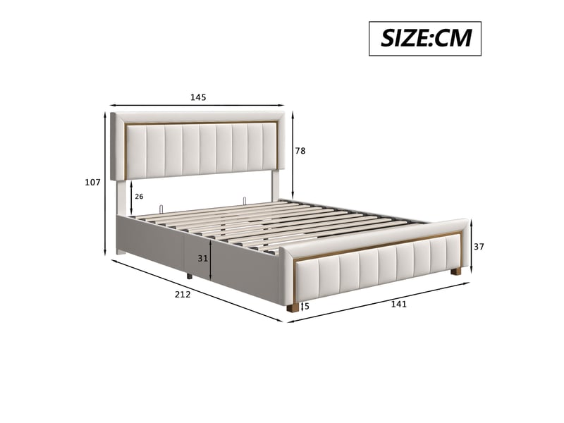  Dreammespace lit coffre 140x200 cm - lit double 2 places avec rangement hydraulique et sommier, velours lignes dorées blanc crème DreamMespace - Conforama E