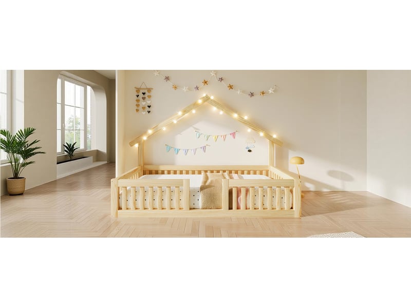 Lit cabane 90 x 200 cm, lit enfant avec barrières, éclairage led, structure en forme de maison, barrières de sécurité, bois, naturel Morn Vibe - Conforama E