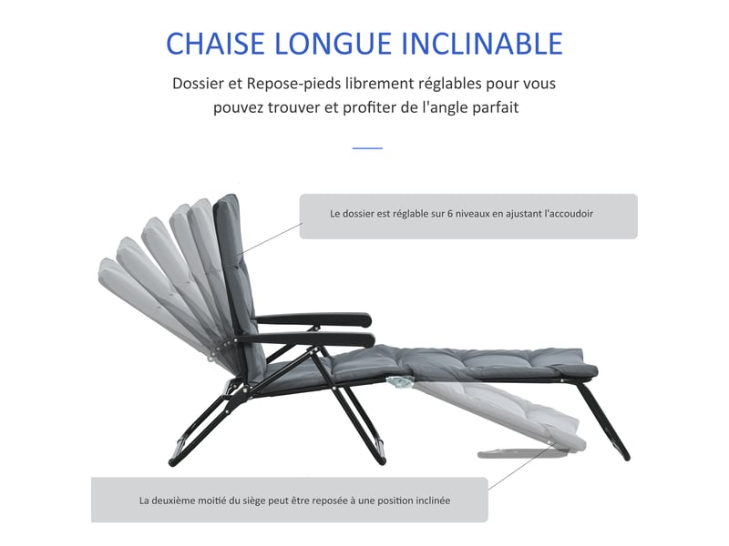  Bain de soleil pliable transat inclinable 6 positions avec matelas + accoudoirs acier polyester gris  - Conforama E