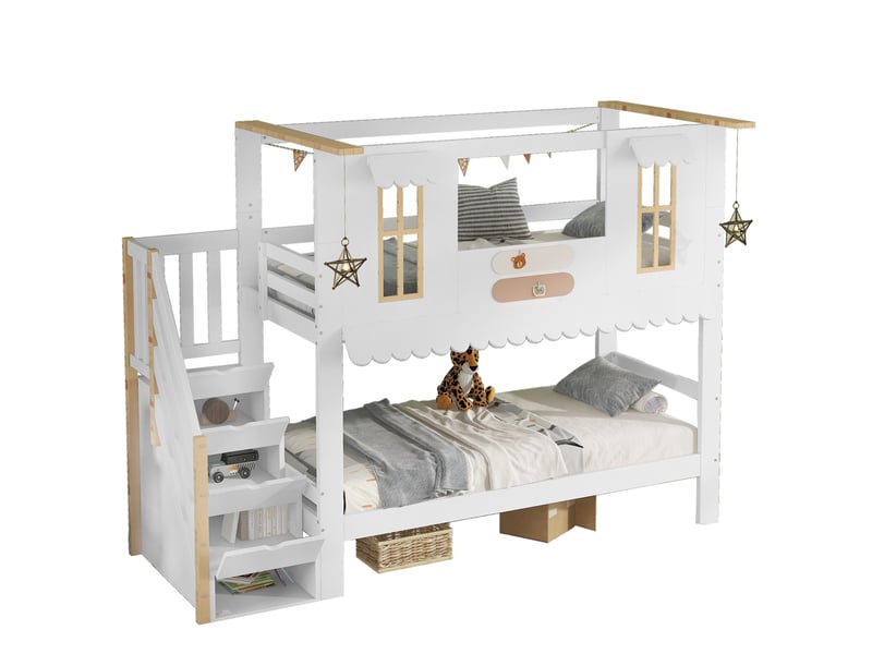  Lit superposé enfant 90x200 cm, rangement, escalier, fenêtres décoratives, structure mdf, blanc naturel, sans matelas  - Conforama A