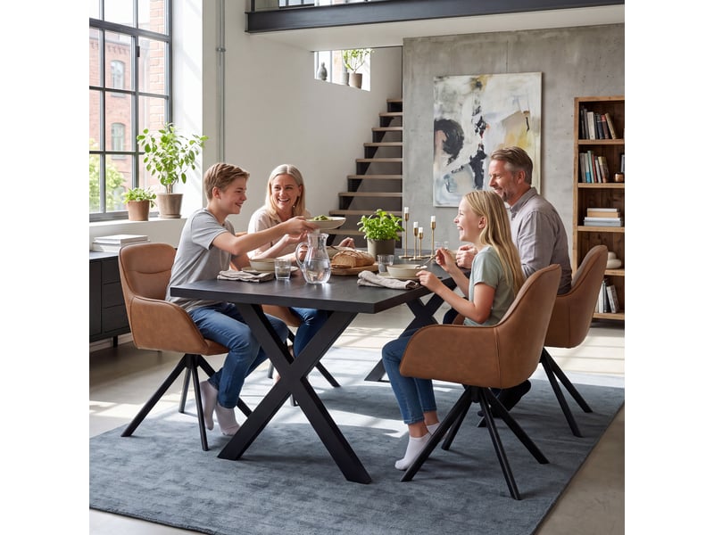 Ensemble table et 4 chaises - table rectangulaire 160x80 cm monobloc en chêne noir et pieds métal, 4 chaises en pu marron et pieds métal - Conforama W
