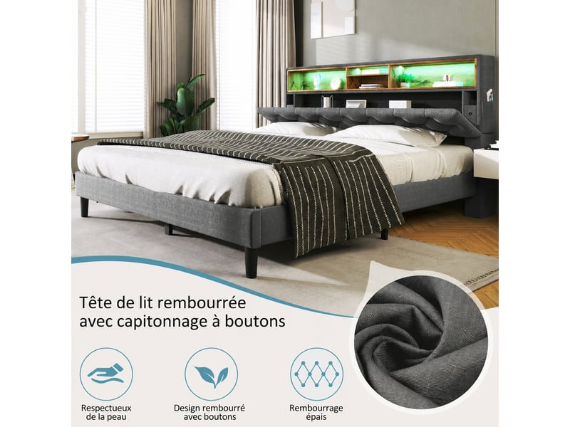  Lit double rembourré 140 x 200 cm avec tête de lit rangement et led gris  - Conforama E