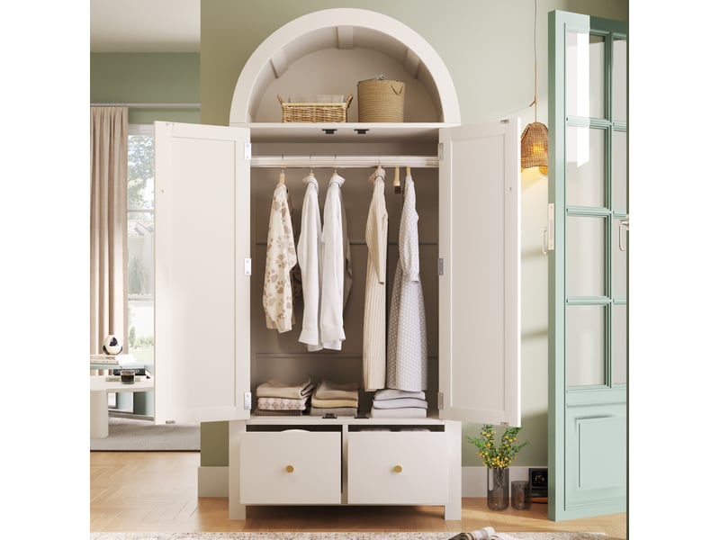  Armoire 2 portes 78 x 45 x 181 cm, 2 tiroirs, penderie et cannage en rotin blanc  - Conforama D