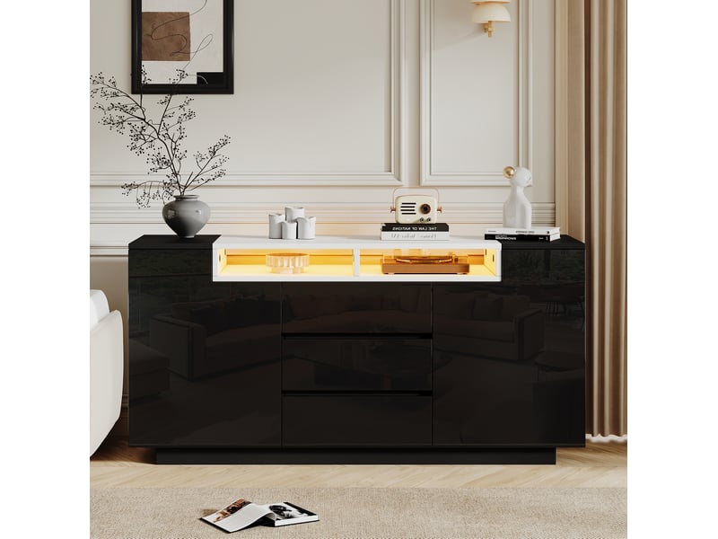 Buffet 140x40x68 cm, 2 portes et 3 tiroirs, éclairage led, panneaux de particules noir - Conforama C