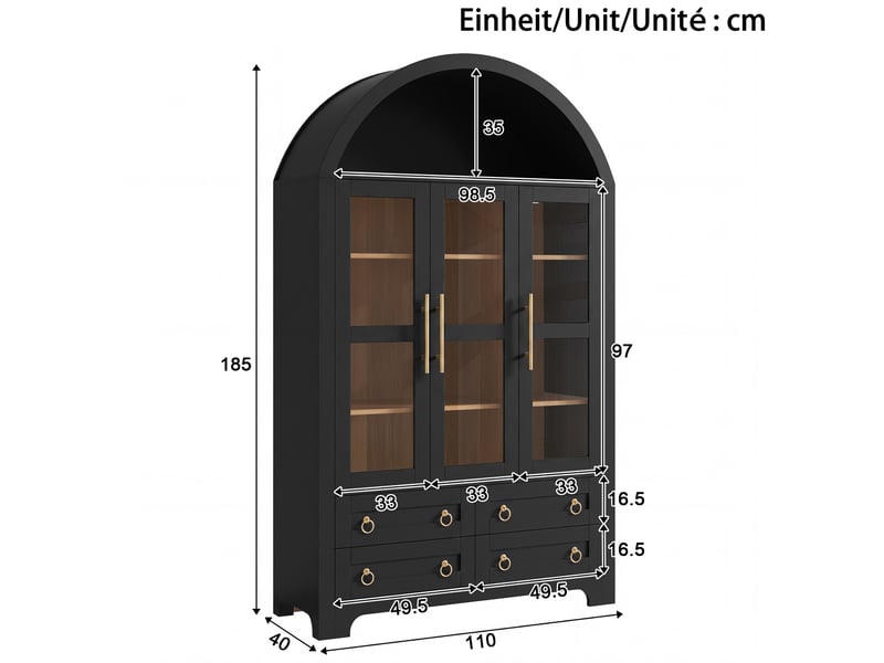  Vitrine noir 110x40x185 cm avec 3 portes vitrées, 4 tiroirs et niche ouverte  - Conforama C