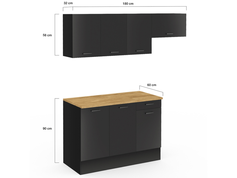 Cuisine complète 180 cm subtil avec plan de travail 5 éléments noir et plateaux bois  - Conforama E