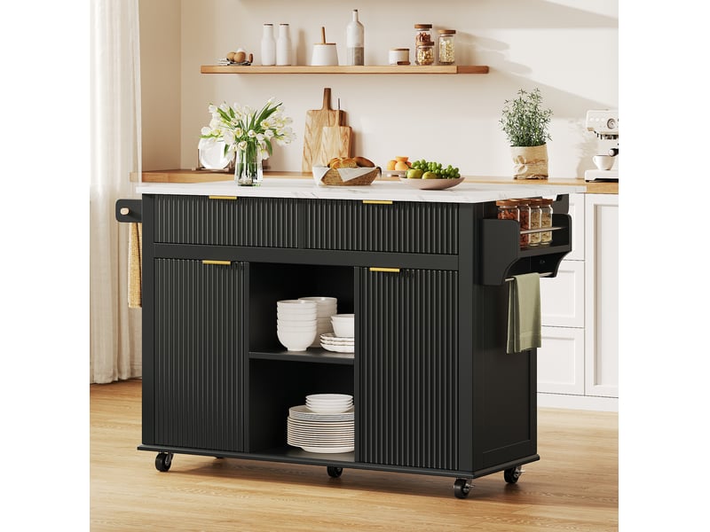  Desserte de cuisine mobile à roulettes avec 2 tiroirs, 2 portes, plan rabattable et porte-serviettes 143 × 45 × 89,5 cm  - Conforama E