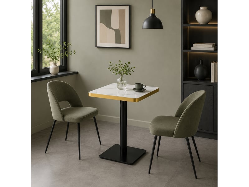 Table de salle à manger carrée pour 2 à 4 personnes avec pied central en métal, effet marbre blanc, 60 × 60 × 74 cm - Conforama B