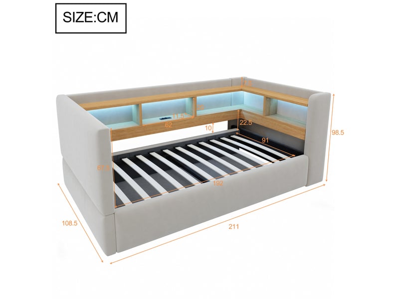  Lit coffre 90x190 cm avec led et prises, en flanelle gris clair  - Conforama E