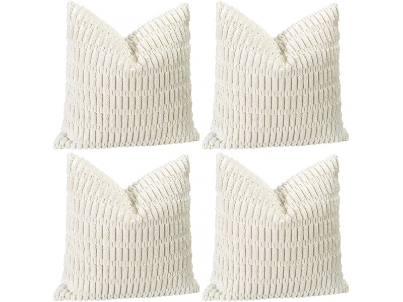  Lot de 4 housses de coussin décoratives en velours côtelé doux 45 x 45 cm, carrées à rayures pour canapé, chambre, ferme, taies d'oreiller de décorat, blanc  - Conforama A
