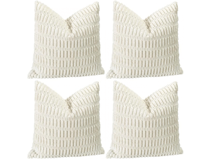 Lot de 4 housses de coussin décoratives en velours côtelé doux 45 x 45 cm, carrées à rayures pour canapé, chambre, ferme, taies d'oreiller de décorat, blanc