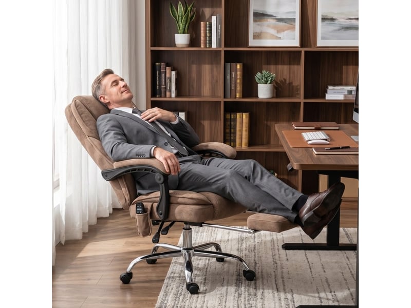  Fauteuil de bureau ergonomique marron avec massage, chauffage lombaire, repose-pieds, pivotant et à roulettes  - Conforama E