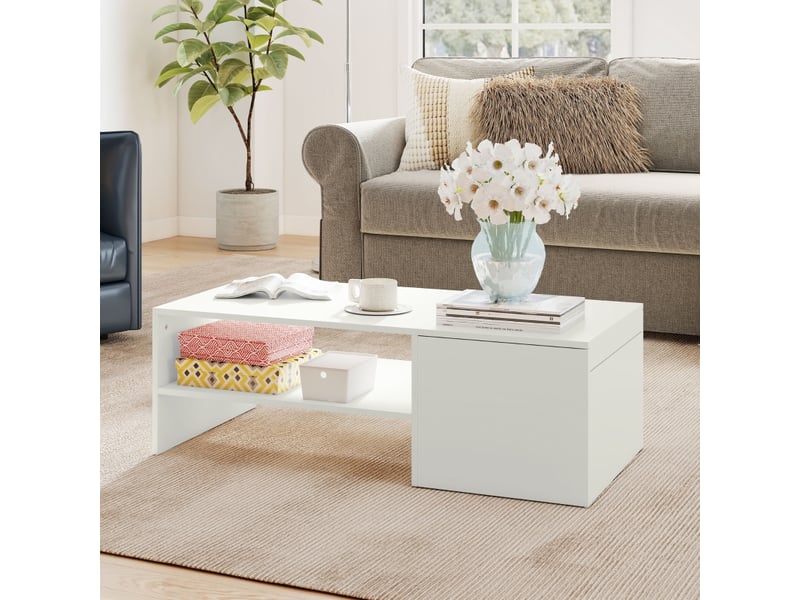  Table basse relevable avec 1 compartiment caché et 1 niche ouverte, pour salon, 110 × 52 × 36 cm, blanc  - Conforama C