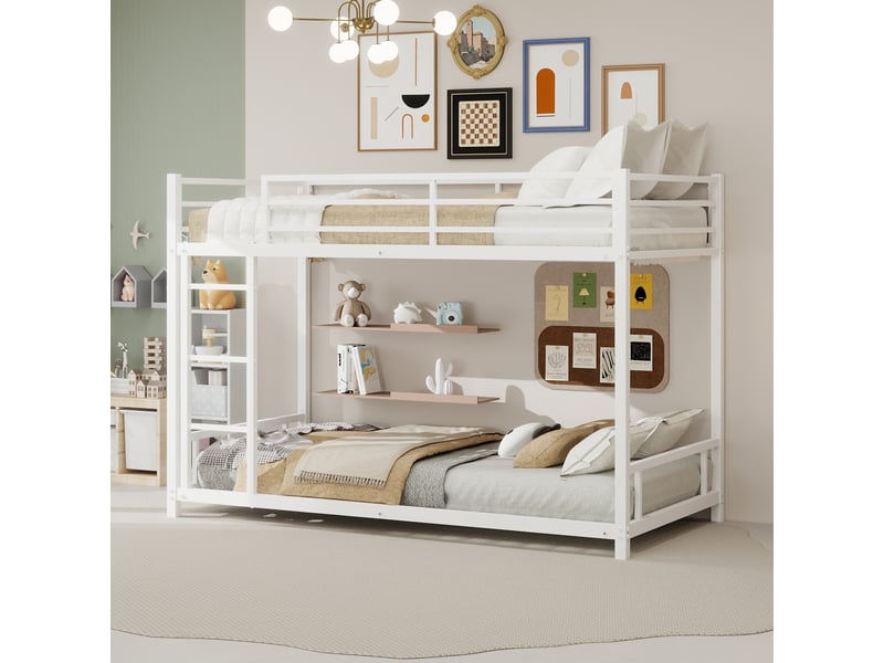  Lit superposé 90x190 cm - lit simple enfant avec échelle intégrée et barrière de sécurité - en fer - sans matelas - blanc  - Conforama D