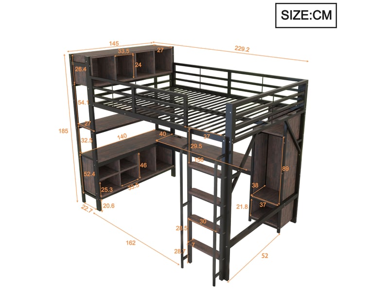  Lit mezzanine multifonction modenvie 140 x 200 cm avec bureau, armoire, étagères, led, prises européennes, noir  - Conforama C