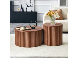 Set de 2 tables gigognes design colonne romaine - rangement intégré - structure mdf noyer - pour salon, chambre, bureau - noyer