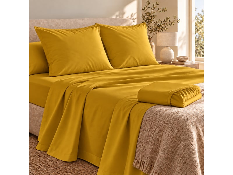  Ensemble literie 4 pièces drap plat 240 x 300 cm + drap housse 140x190 cm + 2 taies 63x63 cm percale 78 fils curry  - Conforama A
