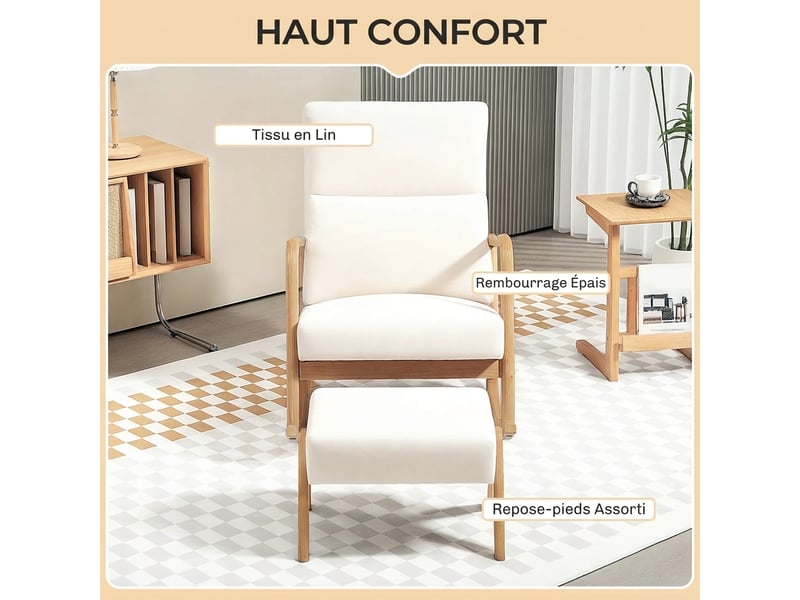  Fauteuil à bascule avec repose-pieds aspect lin blanc crème pieds en bois charge 150 kg  - Conforama R