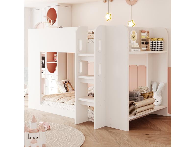  Lit superposé enfant 90x200 cm, garde-corps, échelle, rangement latéral, contreplaqué et mdf blanc sans matelas  - Conforama E