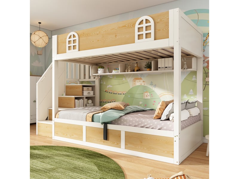 Lit superposé enfant 90x200 cm avec escalier de rangement lit double blanc et bois nature gain de place - Conforama E