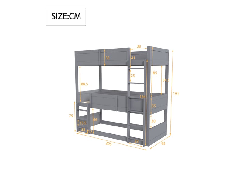  Lit superposé triple enfant 90 x 200 cm gris en bois  - Conforama E