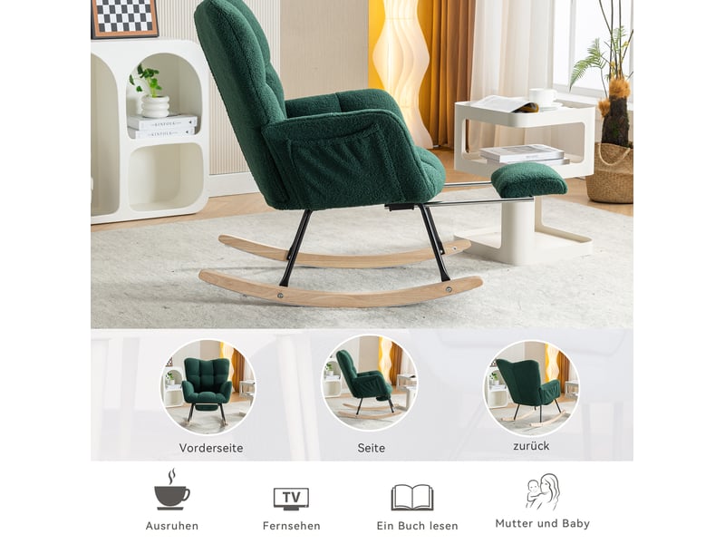 Fauteuil à bascule vert en tissu teddy avec repose-pieds extensible - Conforama E