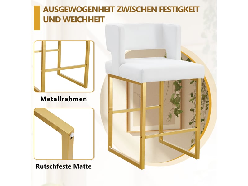  Tabouret de bar 2 pièces avec assise rembourrée, structure stable et entretien facile, en pu blanc et doré  - Conforama E
