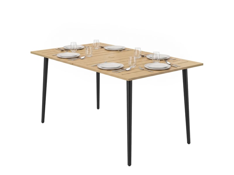 Table de jardin 150 x 90 cm, table de balcon résistante aux intempéries en acier, avec trou pour parasol, marron - Conforama B