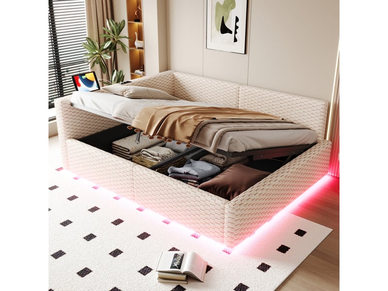  Lit banquette 140 x 200 cm beige en velours avec coffre hydraulique, dossier moelleux en l, led, ports usb type-c, rangement chambre moderne  - Conforama B