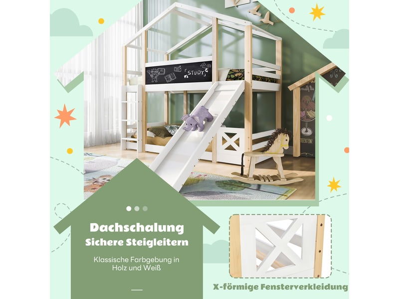  Lit cabane avec toboggan et échelle 90x200 cm, lit enfant blanc et nature en bois massif avec sommier  - Conforama E
