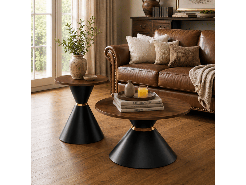  Tables basses gigognes rondes avec plateaux effet noyer et piètements coniques en métal noir pour salon et bureau  - Conforama D
