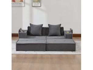 Canapé-lit 2 places modulable gris foncé en velours côtelé avec 2 coussins