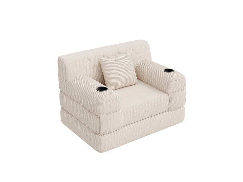  Canapé convertible compressé 1 place en velours côtelé beige, 4 poches et 2 porte-gobelets  - Conforama A