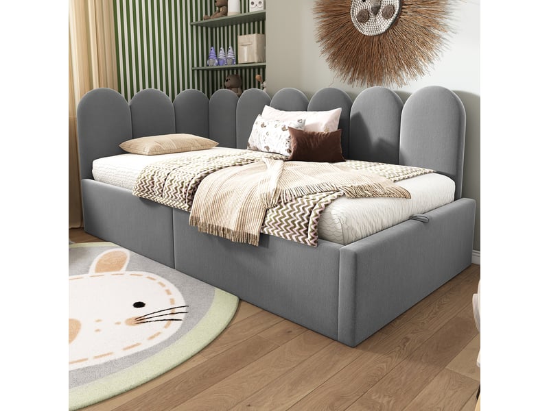  Lit coffre enfant 90x190 cm avec rangement, grille ludique et côtés interchangeables, velours, gris, sans matelas  - Conforama B