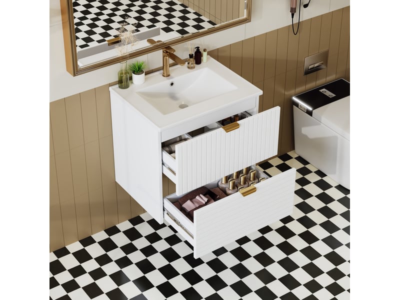  Meuble vasque suspendu 61 x 46 x 57 cm – blanc – 2 tiroirs silencieux, vasque intégrée  - Conforama D