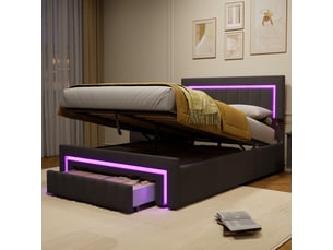 Lit coffre 2 places 140x190 cm avec 2 tiroirs et led, en velours gris
