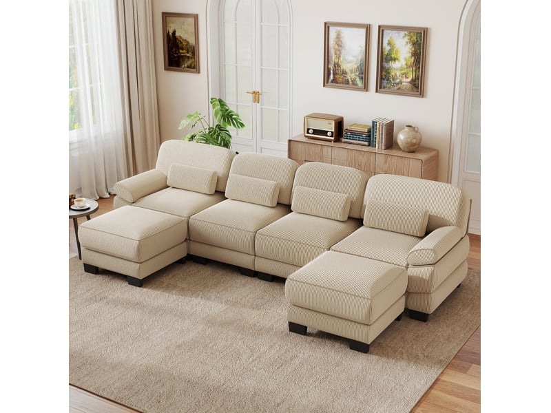  Canapé modulable en u 4 places 336x161x94 cm, soutien ergonomique, assise profonde, 2 poufs, en velours côtelé, beige  - Conforama E