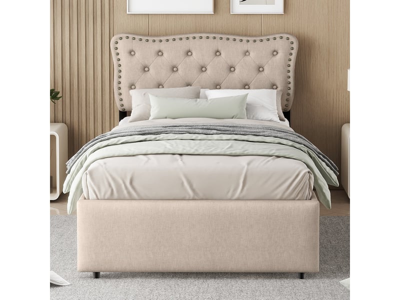  Lit rembourré beige foncé 90x200 cm avec détails cloutés et 2 tiroirs de rangement  - Conforama B
