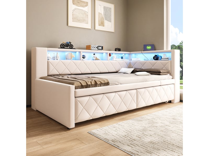  Canapé-lit 90 × 200 cm 180 × 200 cm – avec lit gigogne – éclairage led inclus – prise électrique incluse – revêtement en lin – beige (matelas non inclus)  - Conforama B